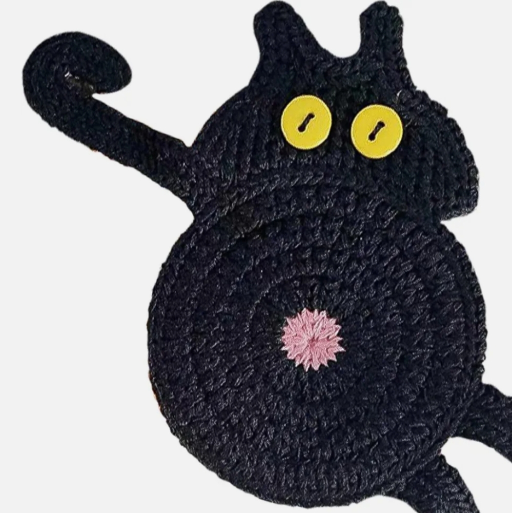 Crocheted Black Cat Coaster Great For Halloween Decor Or Any Cat Lover